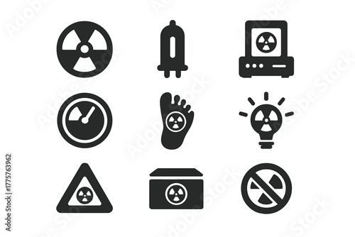 Radiation Era Icons. Solid style icons of Radiation Era: Hazard Symbol, Tube, Machine, Dial, Footprint, Glow Effect, Warning Sign,