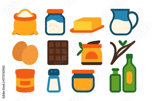 Baking Ingredients Icons. Flat vector icons of baking ingredients: flour sack, sugar jar, butter stick, milk jug, eggs, chocolate