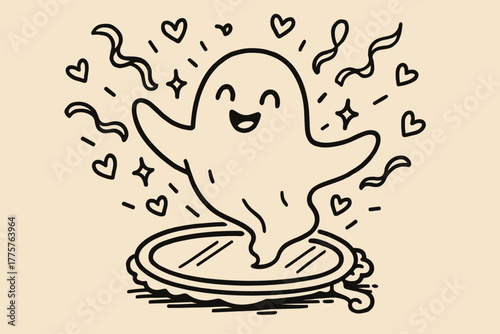 Eidolon Mirror Magic. A doodle scene of an eidolon rising from a mirror, smiling happily as tiny hearts, cheerful ribbons, and