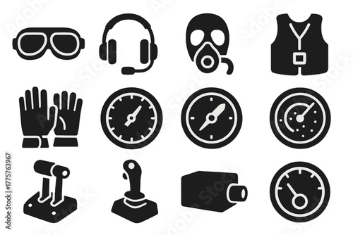 Aviation Equipment Icons. Solid style icons of aviation equipment: flight goggles, pilot headset, oxygen mask, life vest, flight