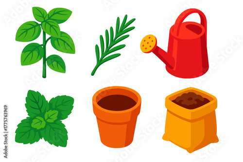 Herb Garden Icons. Isometric vector illustration set Herb Garden Essentials: basil plant, rosemary sprig, mint leaves, watering