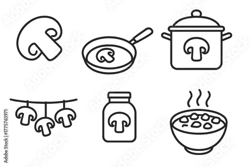 Mushroom Preparation Icons. Line style icons of mushroom preparation: sliced mushroom, frying pan, soup pot, drying string, spice