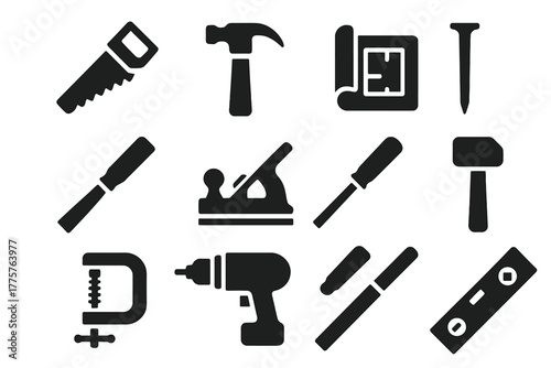 Carpentry Tools Icons. Solid style icons of carpentry tools: saw, hammer, blueprint, nail, chisel, plane, screwdriver, mallet,