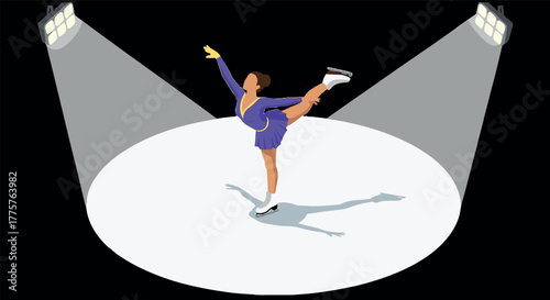 Elegant figure skater performing under spotlights on ice rink