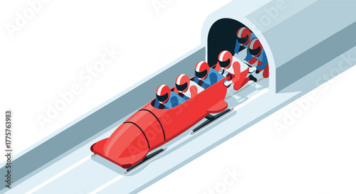 Isometric winter sports scene featuring a bobsled team exiting tunnel