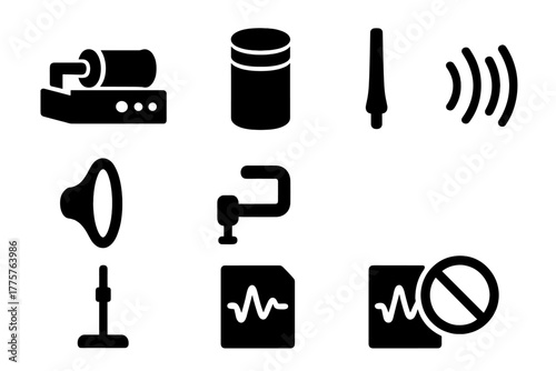Early Audio Recording Icons. Solid style icons of Early Audio Recording: Dictaphone, Wax Cylinder, Stylus, Mouthpiece, Crank,