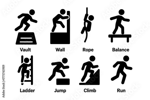 Obstacle Course Icons. Solid style icons of Obstacle Training: Vault Box, Wall, Rope, Balance Beam, Ladder, Jump, Climb, Run, No