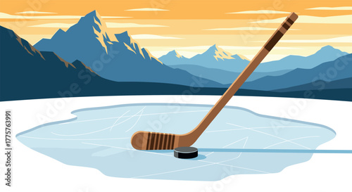 Hockey stick and puck on ice rink with mountain backdrop in flat style