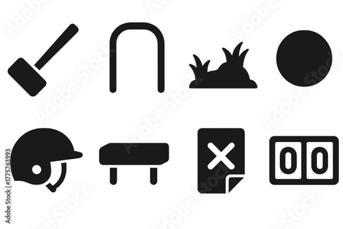 Lawn Adventure Game Icons. Solid style icons of Lawn Adventure Games: Mallet, Wicket, Rough Terrain, Ball, Helmet, Obstacle,