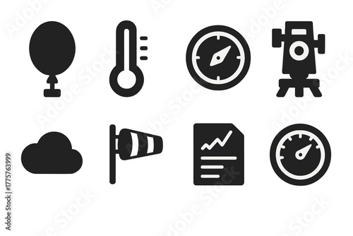 Weather Observation Icons. Solid style icons of Weather Observation: Balloon, Thermometer, Barometer, Theodolite, Cloud, Wind Sock