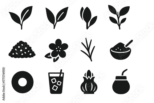 Tea Icons Collection. Solid style icons of tea types: green tea leaf, black tea leaf, white tea bud, oolong branch, herbal blend,