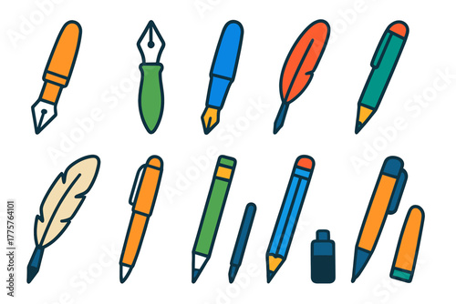 Vibrant Writing Tools. Flat vector icons of journaling tools: fountain pen, dip pen with nib, ballpoint pen, calligraphy pen,