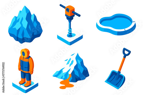 Cryosphere Research Icons. Isometric vector illustration set Cryospheric Study: Iceberg, Core Drill, Meltwater, Melting Glacier,