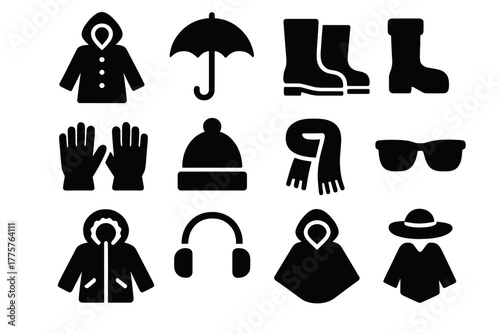 Weather Clothing Icons. Solid style icons of weather clothing: raincoat, umbrella, boots, gloves, hat, scarf, sunglasses, snow