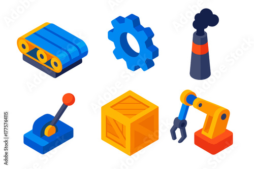 Industrial Automation Icons. Isometric vector illustration set Production Line: automatic conveyor belt, gear wheel, black smoke