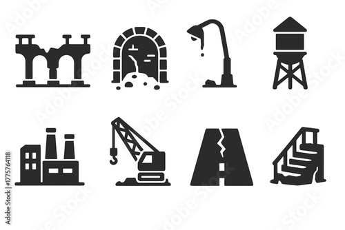 Forgotten Infrastructure Icons. Solid style icons of Forgotten Infrastructure: abandoned bridge, old tunnel, broken lamp post,