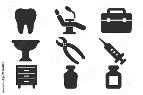 Dental Icon Ensemble. Solid style icons of Dental Heritage: Tooth, Chair, Tool Box, Spittoon, Forceps, Syringe, Cabinet, Bottle,