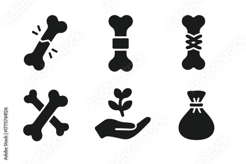 Bone Healing Icons. Solid style icons of Bone Healing: Fracture, Splint, Rope Tie, Wooden Support, Bone Growth, Hand Holding,