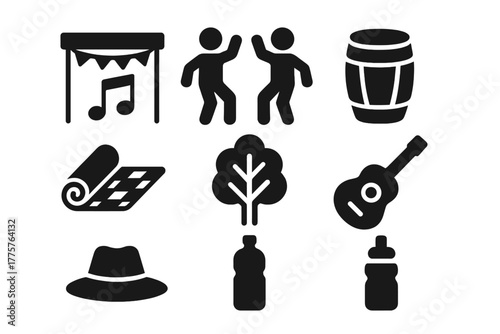 Outdoor Festival Icons. Solid style icons of Outdoor Festivals: Music Stage, Dancing, Drum, Blanket, Tree, Guitar, Hat, Water