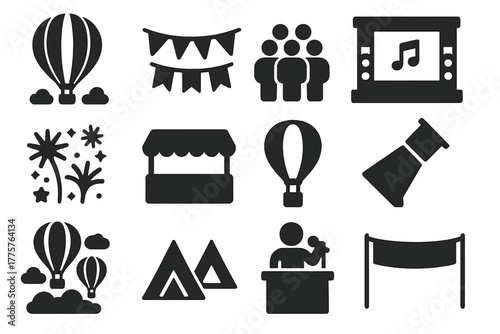 Festival Parade Icons. Solid style icons of festival balloons: parade balloon, decorative flags, crowd, music stage, fireworks,
