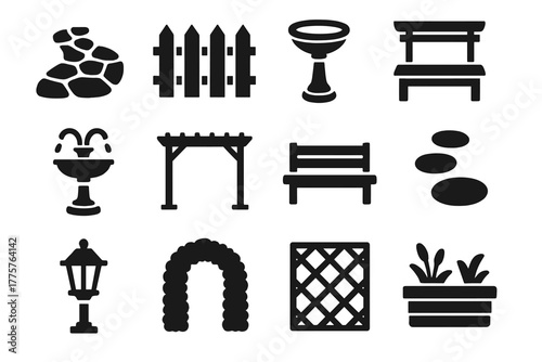 Solid Landscaping Icons. Solid style icons of landscaping elements: stone path, wooden fence, birdbath, fountain, pergola, bench,