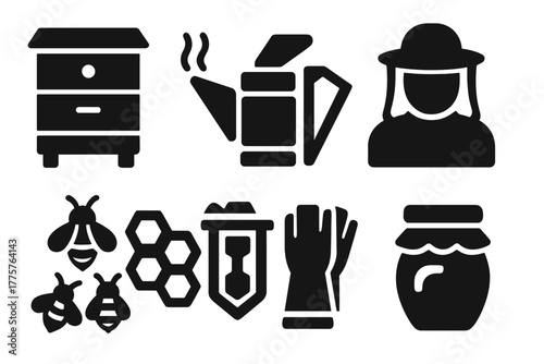 Urban Beekeeping Icons. Solid style icons of Urban Beekeeping: Beehive, Smoker, Protective Suit, Honeycomb, Bees, Frame, Gloves,