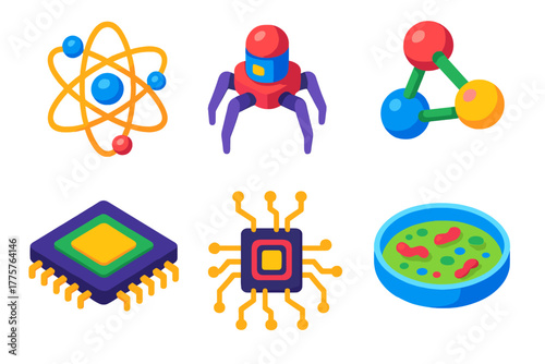 Nanotechnology Icons Showcase. Isometric vector illustration set Nanotechnology: Atomic Structure, Nanobot, Molecular Model,