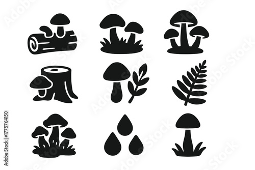 Forest Mushroom Icons. Solid style icons of Forest Mushrooms: Fallen Log, Mossy Ground, Cluster of Caps, Tree Stump, Leaves, Fern,