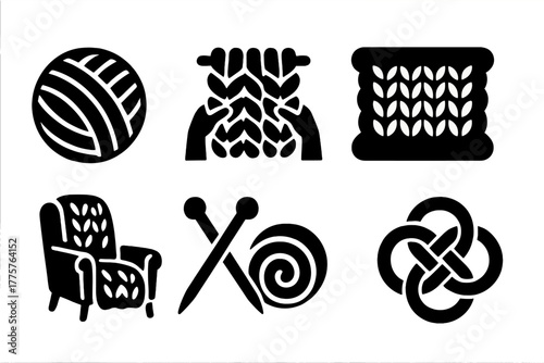 Giant Yarn Icons. Solid style icons of Giant Yarn Projects: Huge Ball, Wide Stitches, Arm Knitting, Blanket, Cozy Chair, Oversized