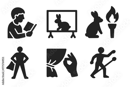Storytelling Shadow Icons. Solid style icons of Storytelling Shadows: Narrator, Shadow Screen, Animal Shape, Torch Flame, Hero