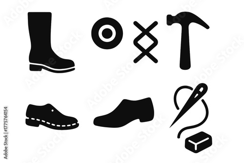 Bootmaking Tools Icons. Solid style icons of Bootmaking: Tall Boot, Metal Eyelet, Shoelace, Hammer, Stitched Sole, Wooden Last,