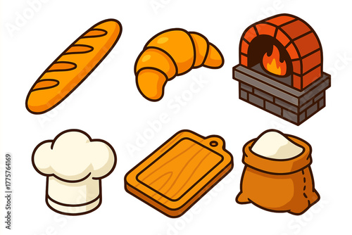 Isometric Bakery Icons. Isometric vector illustration set Artisan Bread Shop: crusty baguette, buttery croissant, stone oven,