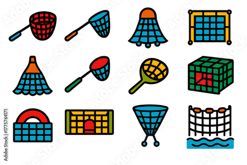 Vibrant Fishing Net Icons. Flat vector icons of fishing nets: hand net, landing net, cast net, gill net, trawl net, dip net, scoop