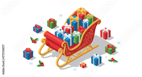 Isometric christmas sleigh filled with colorful gifts and festive decorations