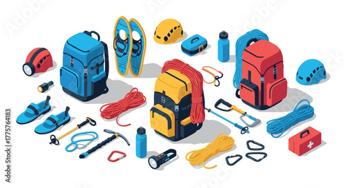 Isometric mountaineering gear set with backpacks and safety equipment in vibrant colors