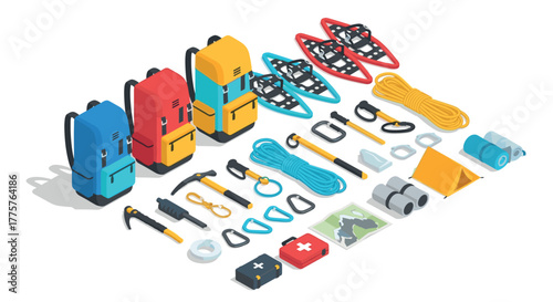 Outdoor adventure gear collection in isometric design featuring backpacks, climbing equipment, and camping accessories