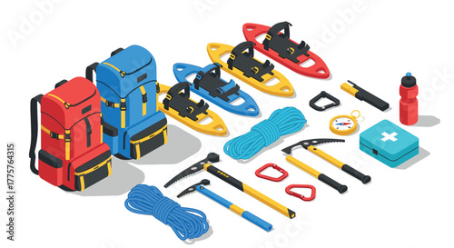 Isometric hiking and climbing gear collection with backpacks, tools, and accessories
