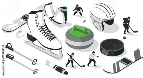 Winter sports equipment and activities in isometric style