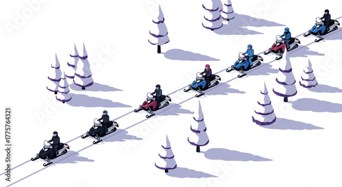 Isometric snowmobile adventure in winter wonderland with pine trees