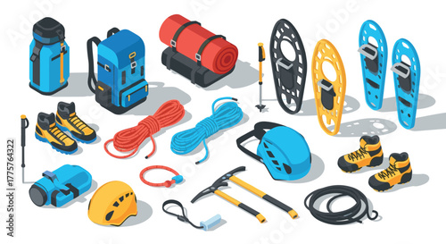 Isometric camping gear and equipment for outdoor adventures and winter sports