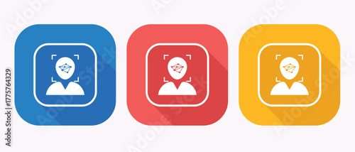 Fotografía Facial Recognition Icon Set with Long Shadow. Blue Red Yellow