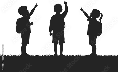 Children silhouette with backpacks pointing upwards in black vector illustration on white background 