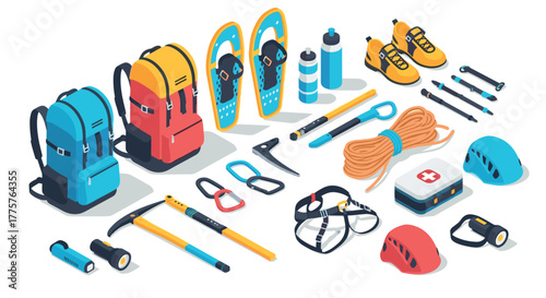 Isometric hiking and mountaineering gear set featuring backpacks, snowshoes, helmets, and climbing equipment