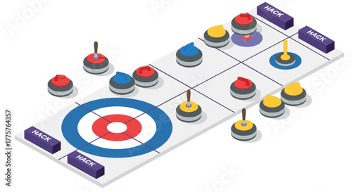 Isometric curling game board with stones and target in strategic layout