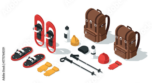 Isometric winter hiking gear collection with backpacks and accessories