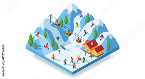 Isometric winter ski resort with skiers and gondolas in snowy mountain landscape