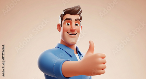 Smiling 3d cartoon man giving a thumbs up gesture with a positive attitude