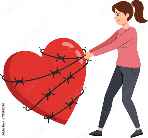 Woman pulling large red heart wrapped in barbed wire symbolizing emotional struggle and pain vector illustration 