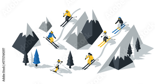 Isometric winter skiing adventure with geometric mountains and skiers in motion
