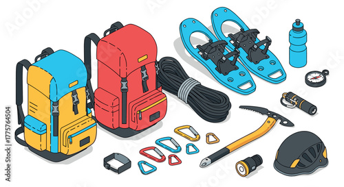 Colorful isometric winter camping gear with backpacks, snowshoes, and climbing tools